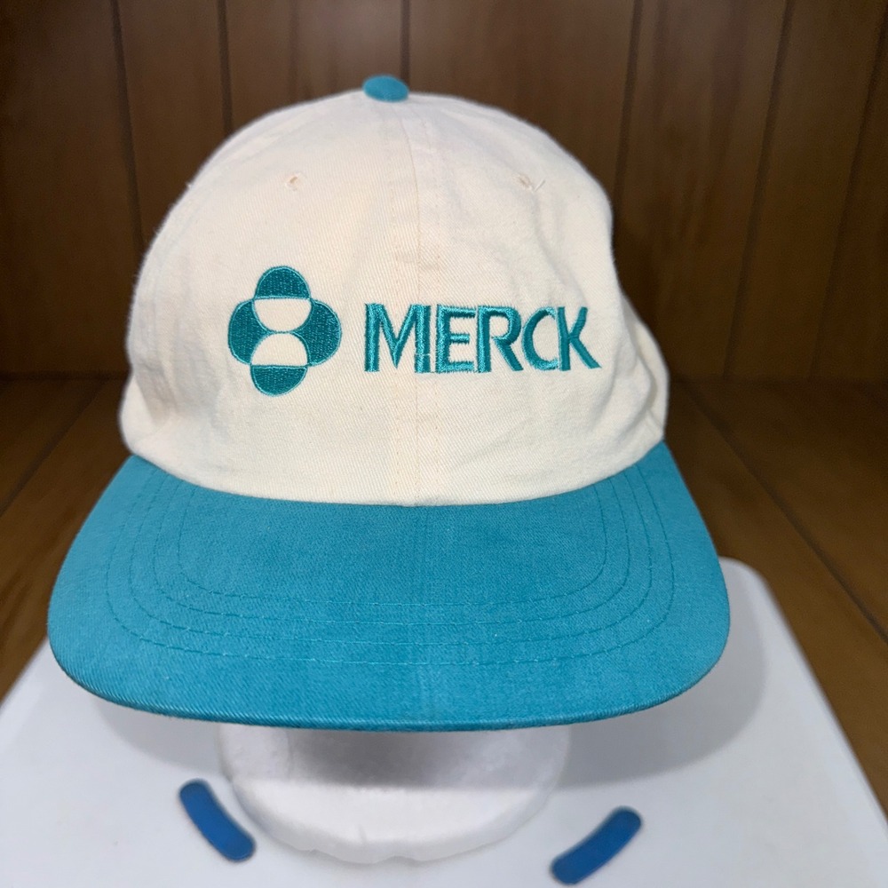 Vintage Merck Pharmaceutical Logo Hat Two Tone Teal Off White Cotton Cap